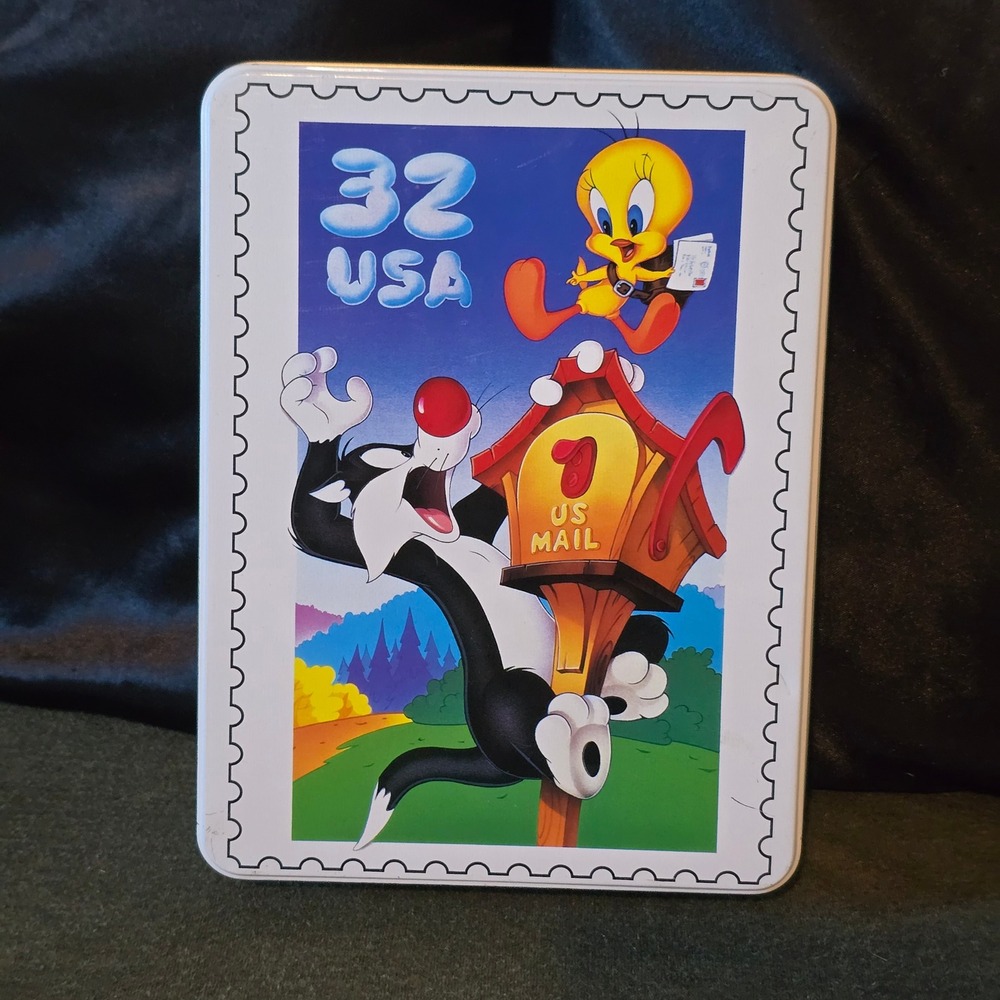 Warner Bros Tin 8x6 Sylvester Tweety Stamp Box Unisex White Vintage 1998 Metal